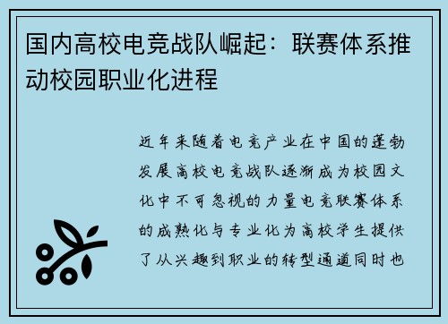 国内高校电竞战队崛起：联赛体系推动校园职业化进程